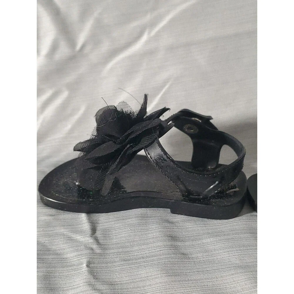 Baby Girl Black Jelly Sandals‎ W/Flower (Size 3) Spring/Summer/Easter/Beach - Picture 3 of 16